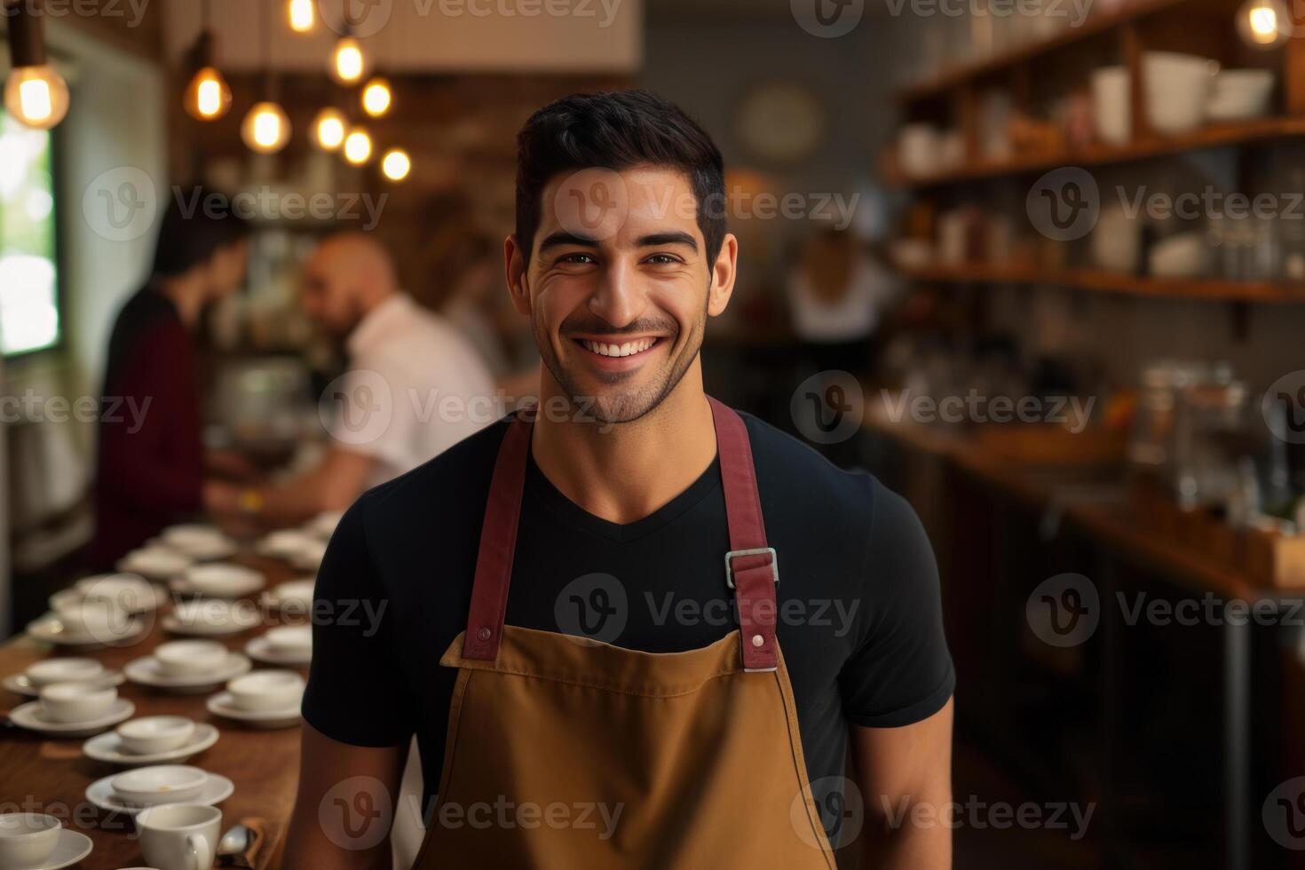 Smiling barista wearing apron in coffee shop with coworkers preparing orders photo