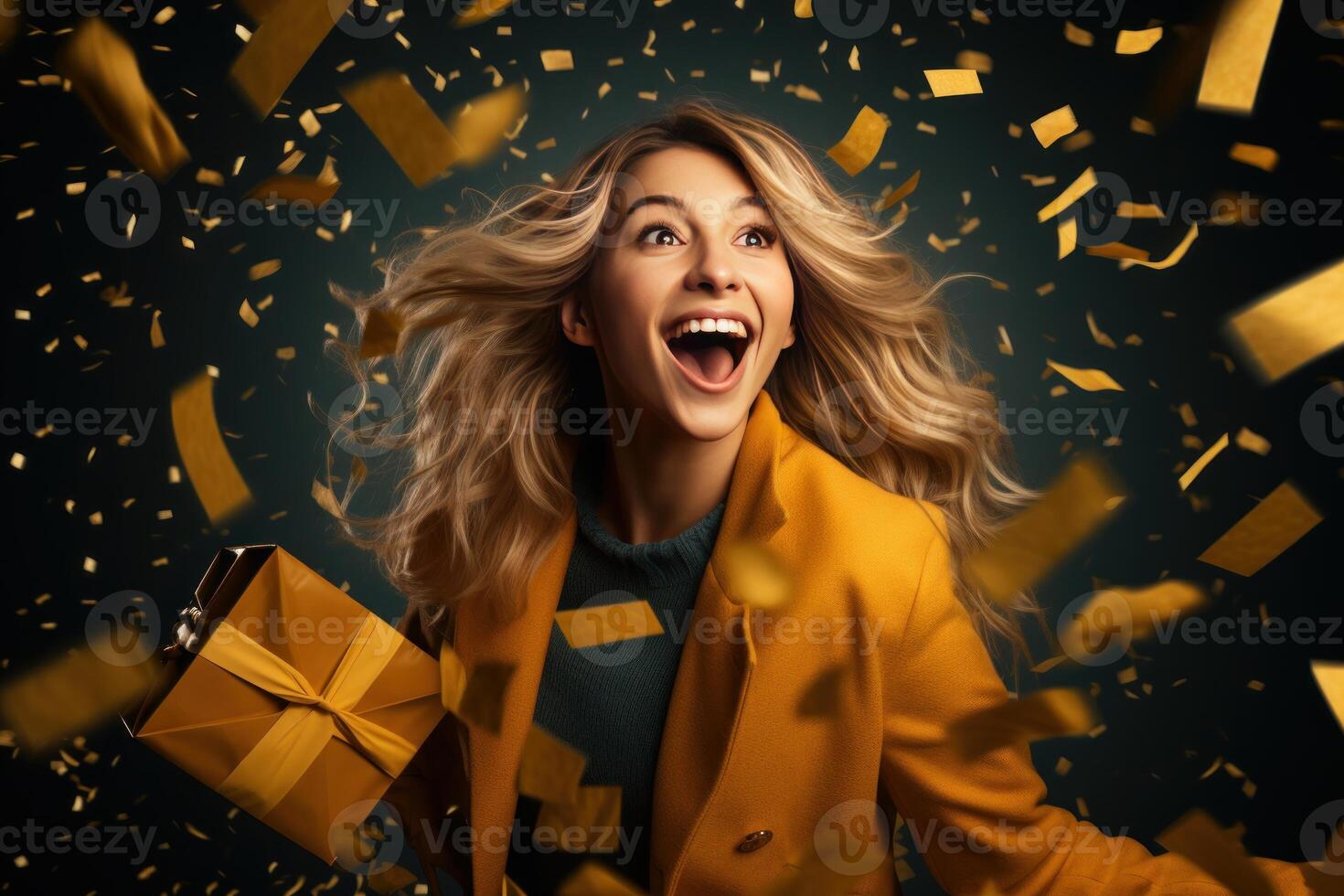 Excited woman receiving gift surrounded by golden confetti photo