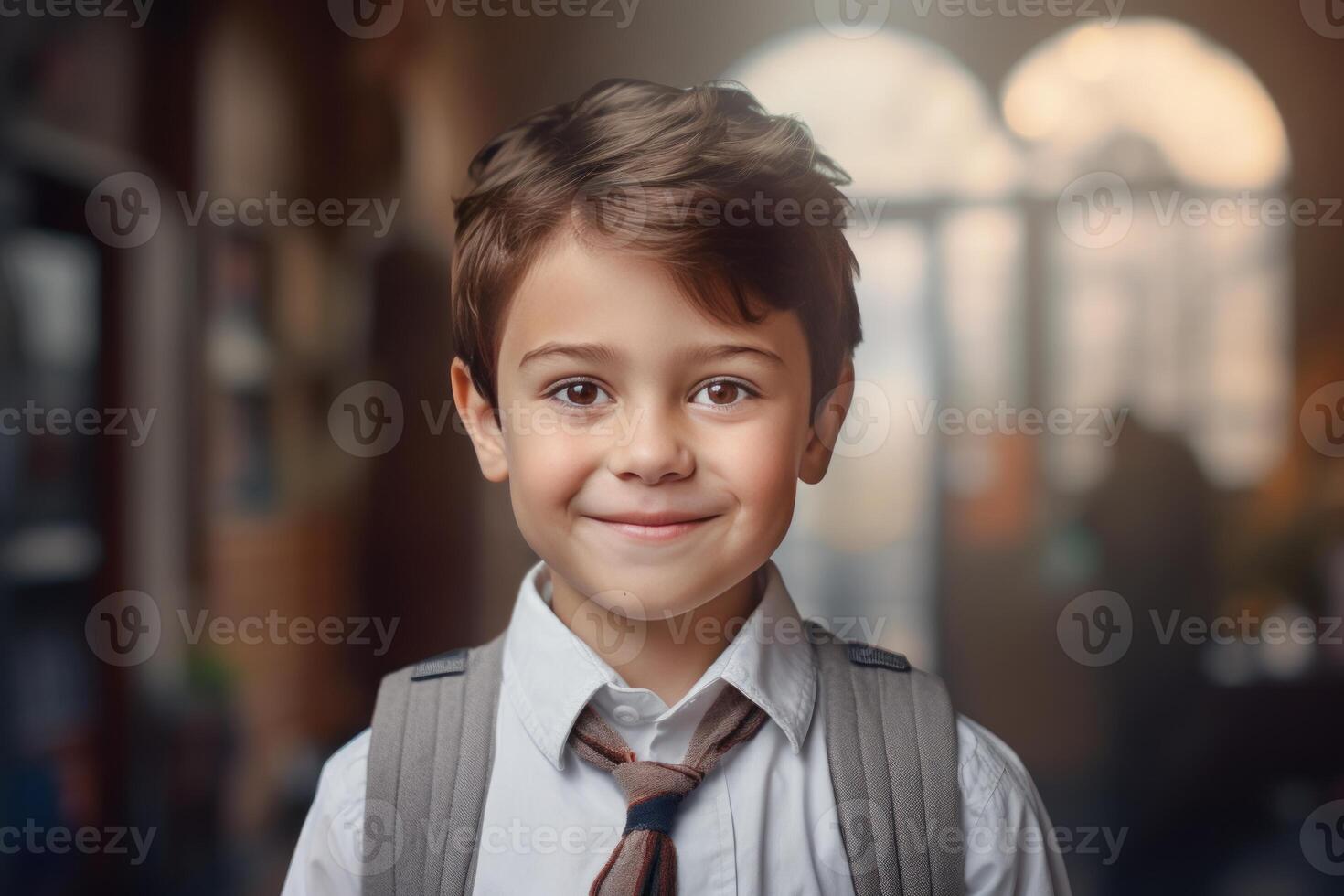 Smiling pupil wearing uniform and backpack going to school photo