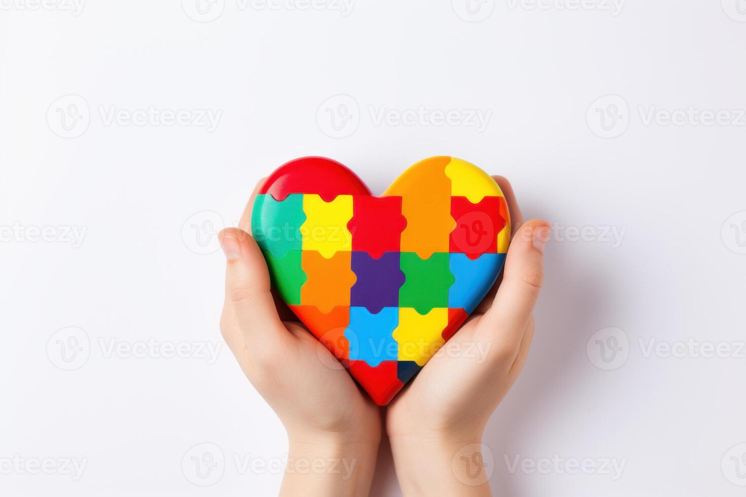 Child holding colorful heart shaped puzzle representing autism awareness photo