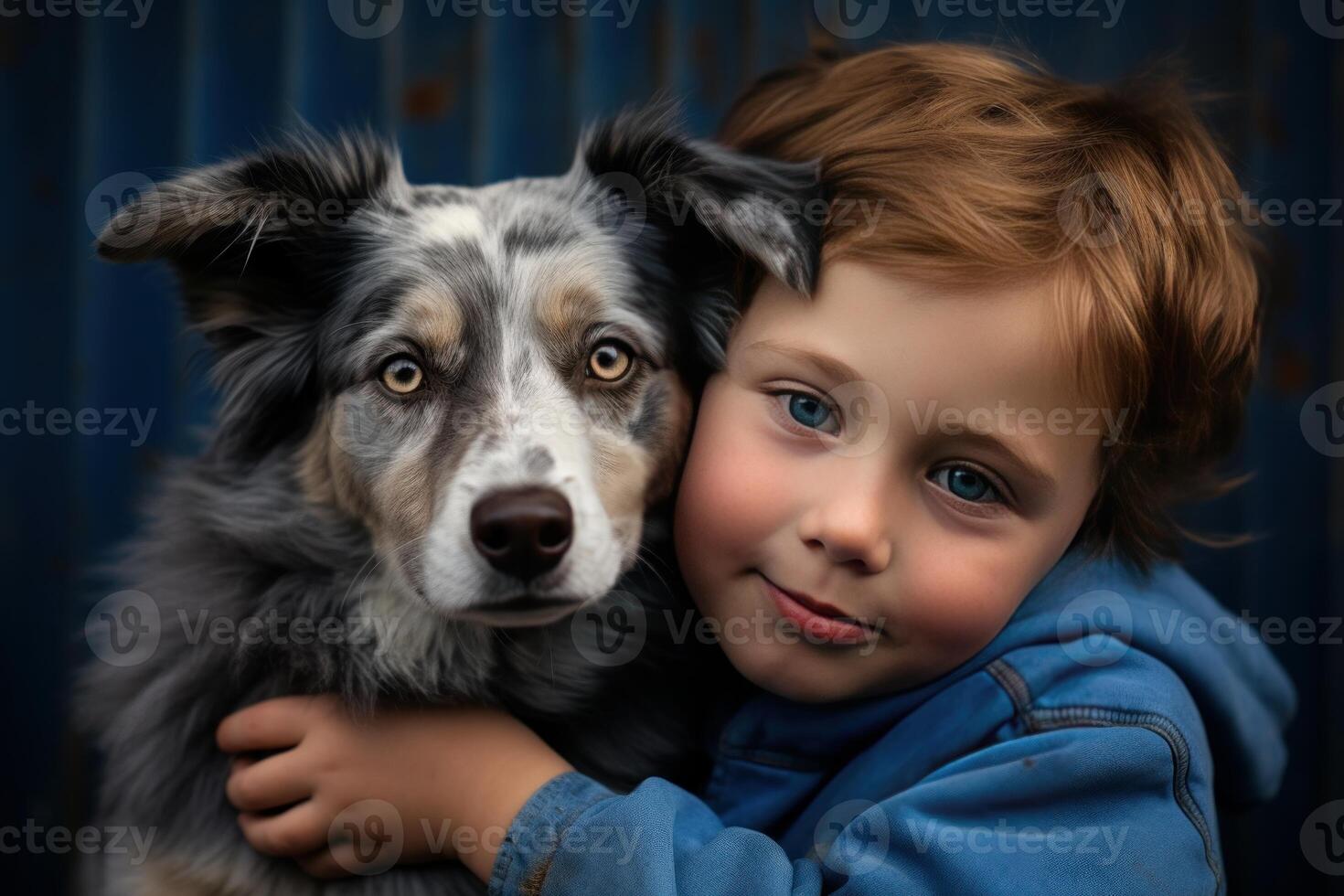 Redhead child hugging blue merle border collie in front of blue wall photo