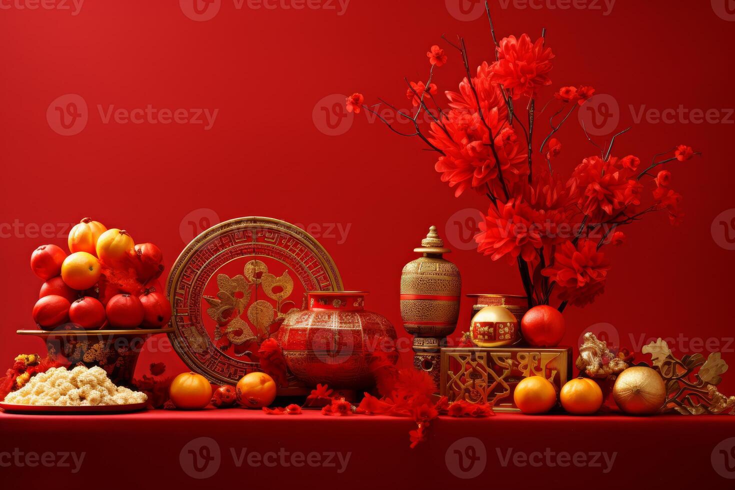 Chinese new year ornaments, tangerines, pomegranates and festive decorations creating a vibrant display photo