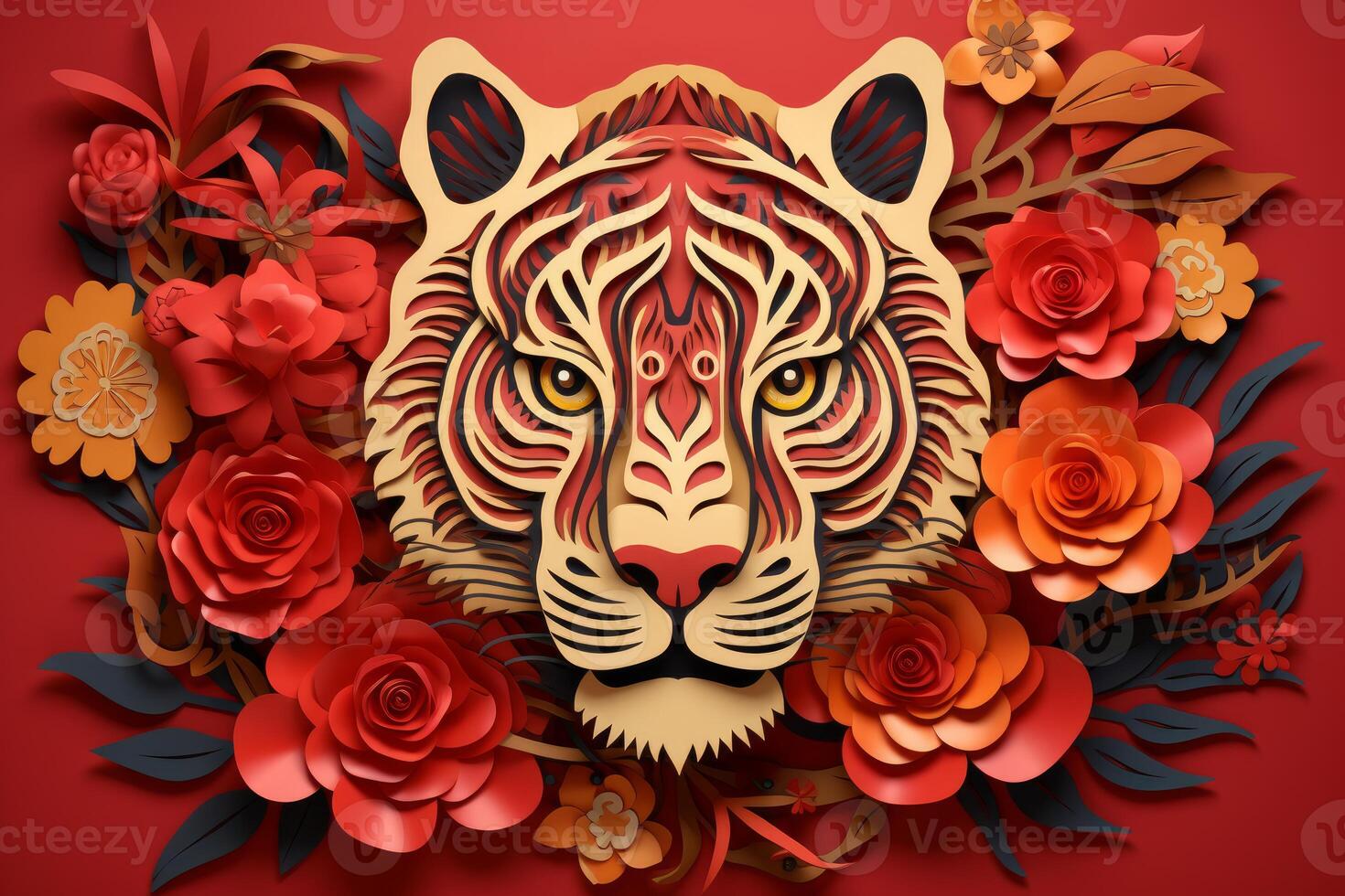 Majestic tiger face emerging from colorful paper flowers on red background photo