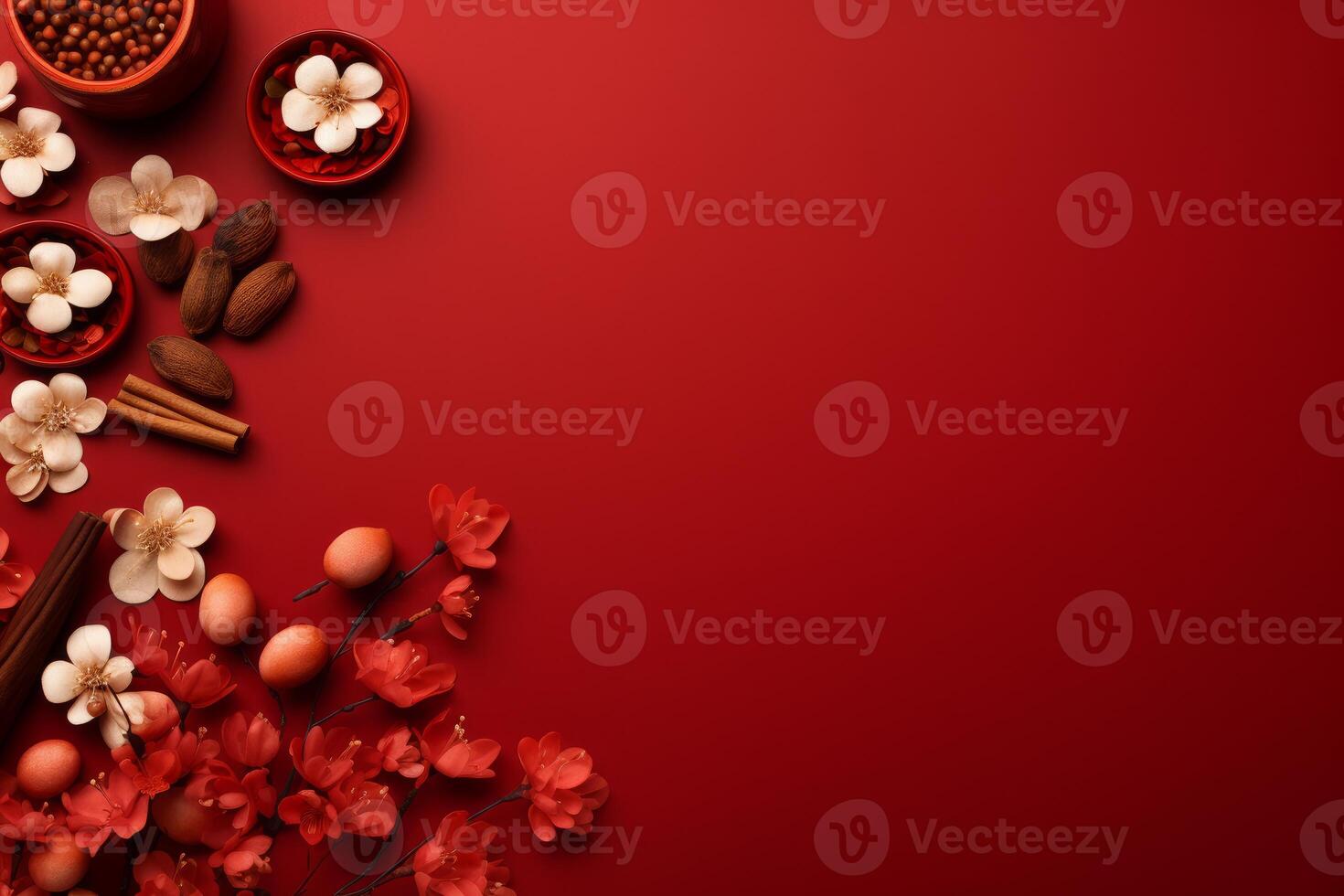 Chinese new year decoration creating festive atmosphere on red background photo