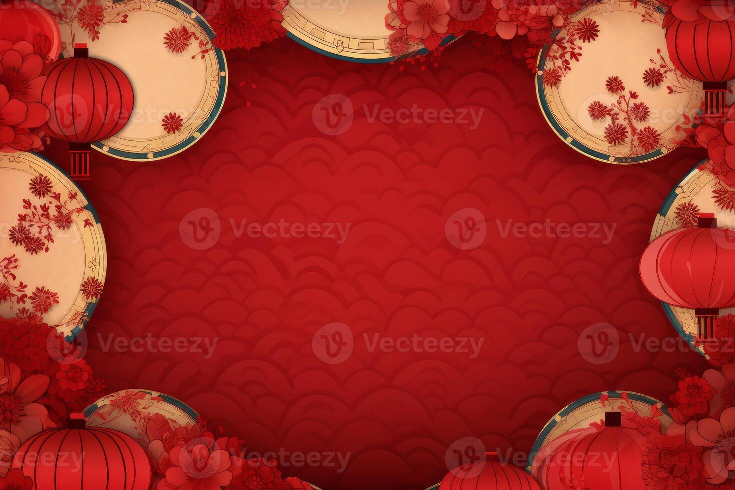 Red lanterns and flowers framing a chinese new year background photo