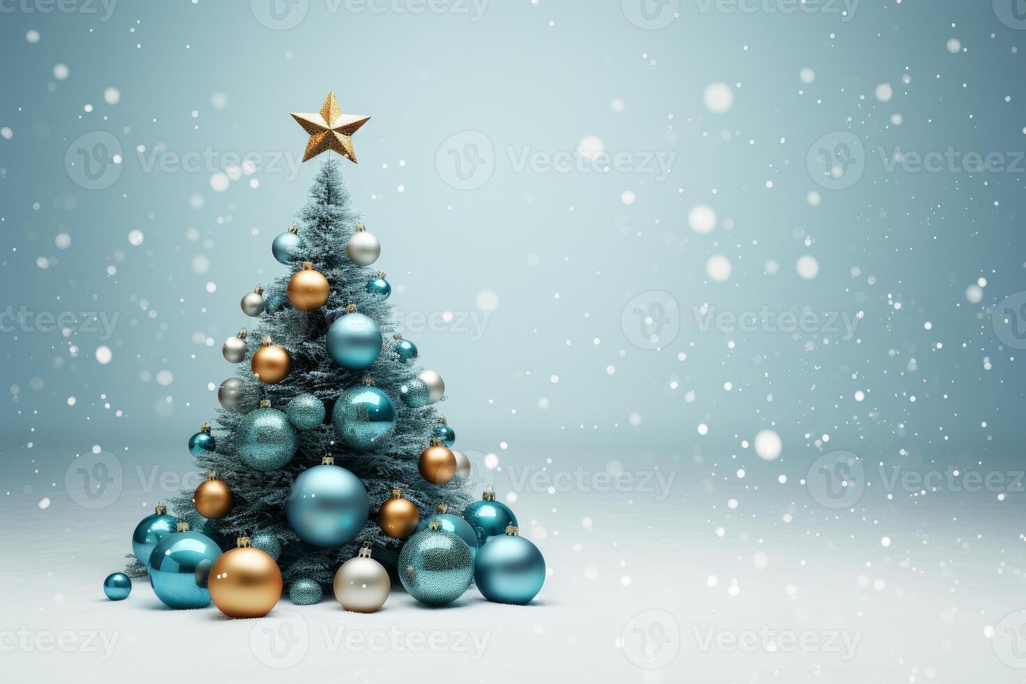 Christmas tree with blue and gold ornaments is standing on snowy background photo