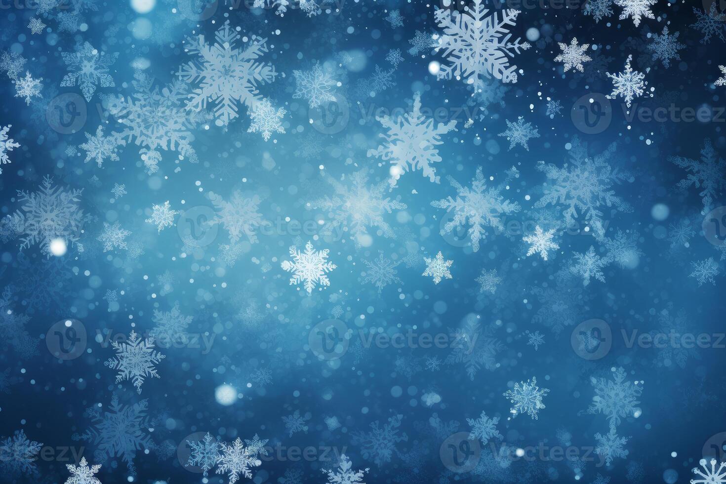 Snowflakes falling on blue background creating winter wonderland atmosphere photo