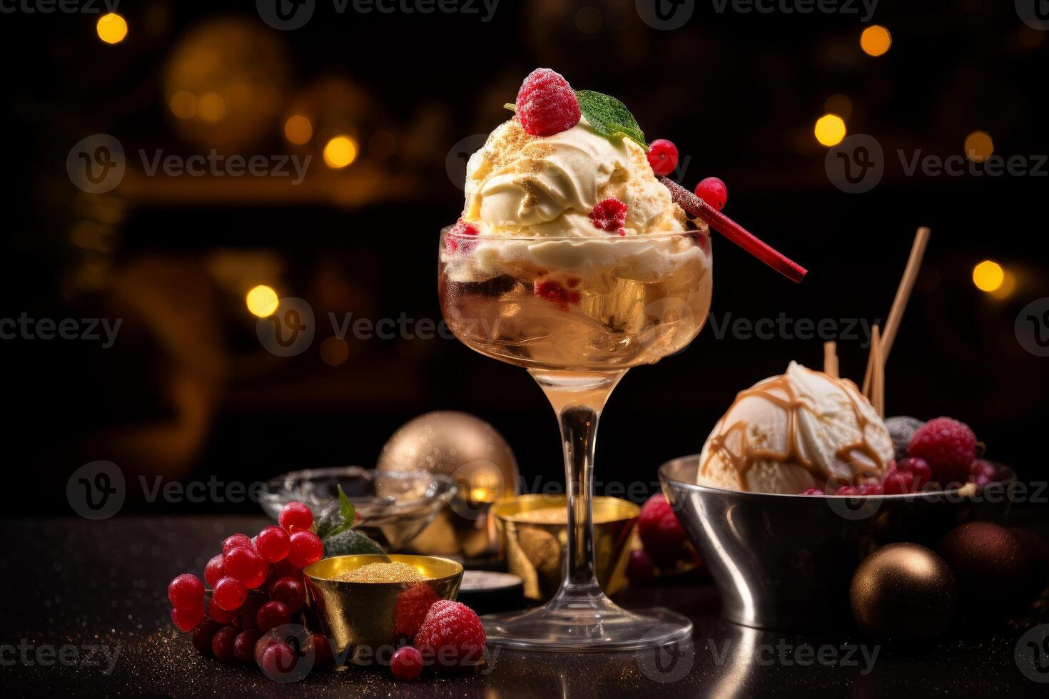 Vanilla ice cream dessert garnished with fresh raspberries and red currants for christmas celebration photo