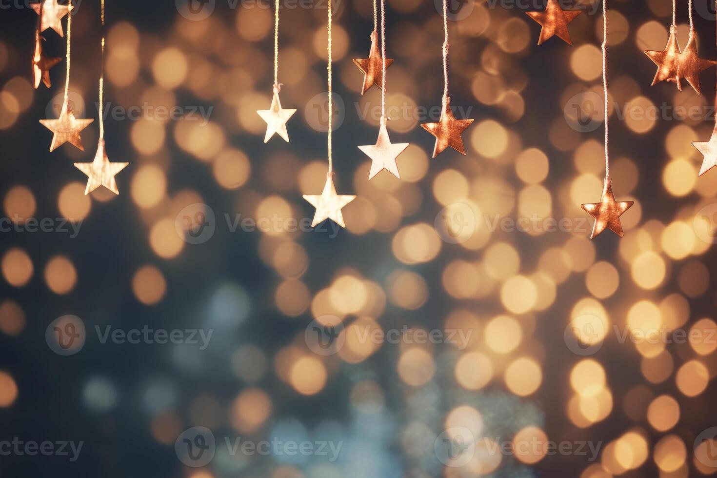 Hanging stars creating a festive christmas atmosphere with golden bokeh lights photo