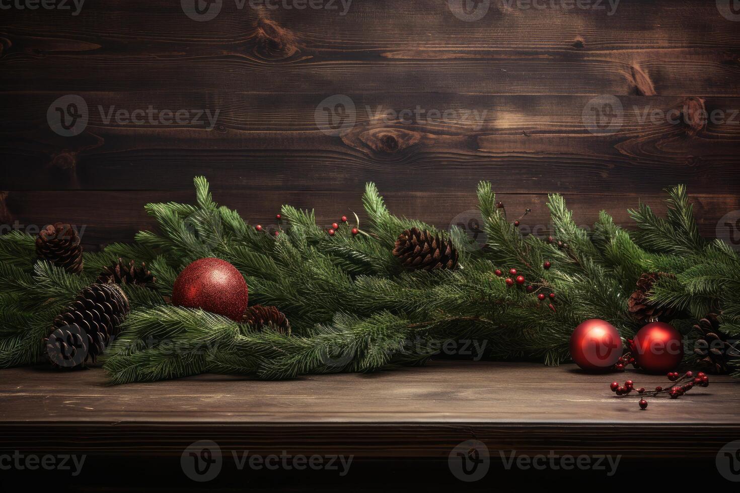 Christmas decoration on wooden plank with pine cones, red baubles and pine branches creating festive atmosphere photo