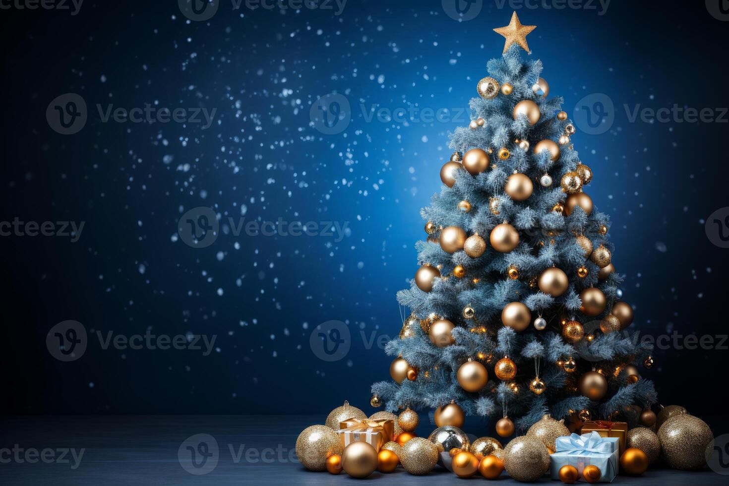 Decorated christmas tree with golden star, baubles and gift boxes on dark blue snowy background photo