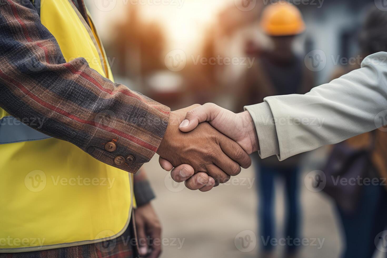 Construction site workers shaking hands after successful agreement photo