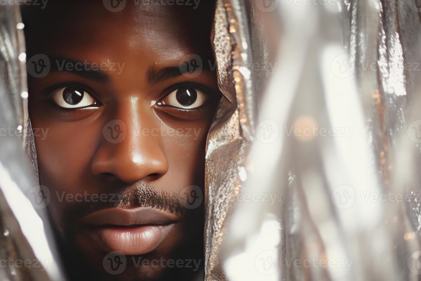 Serious black man hiding behind metallic curtain looking at camera photo