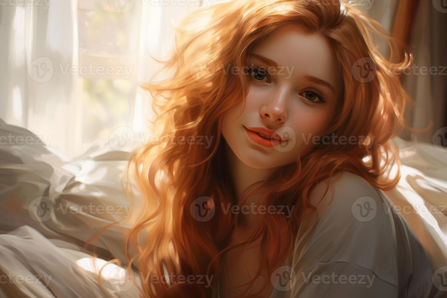 Beautiful redhead woman relaxing in sunlight by the window photo