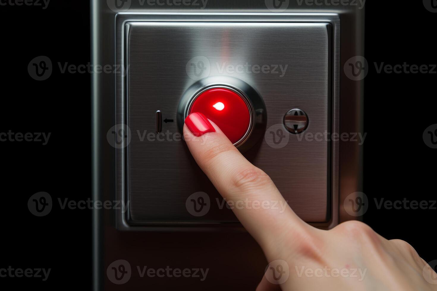 Woman finger pressing red button on control panel photo