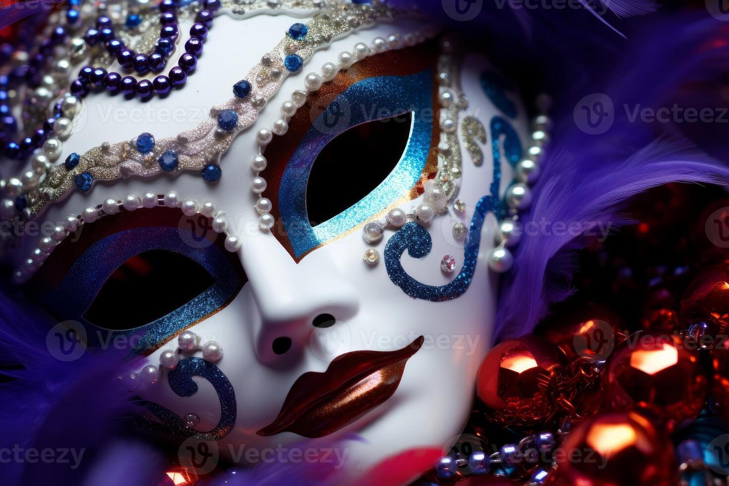 Venetian carnival mask decorated with pearls and glitter rests on colorful beads and feathers photo