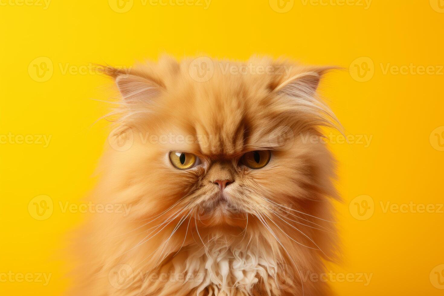 Grumpy red persian cat staring with intense gaze on yellow background photo