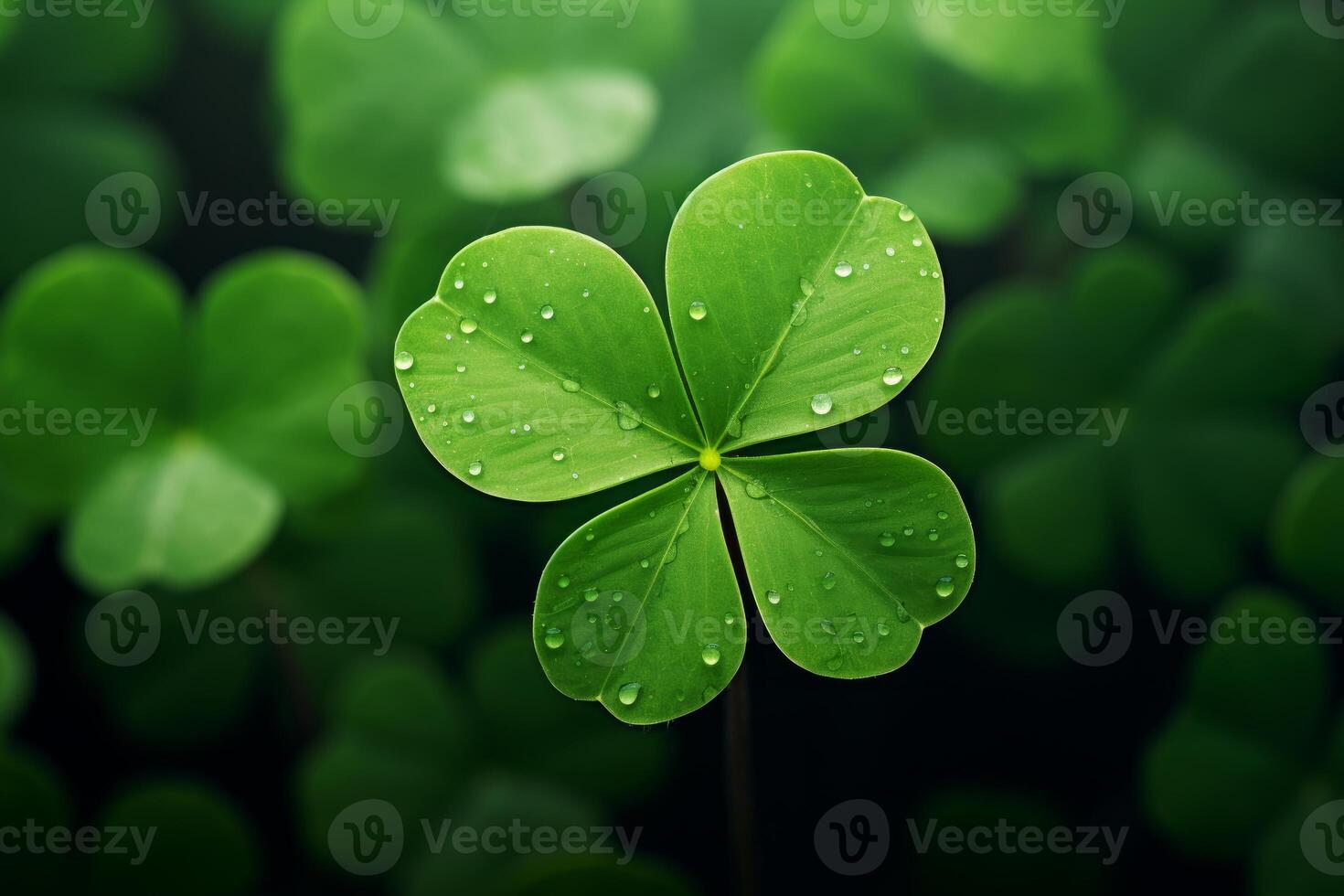 Four leaf clover showing dew drops and growing in green meadow photo
