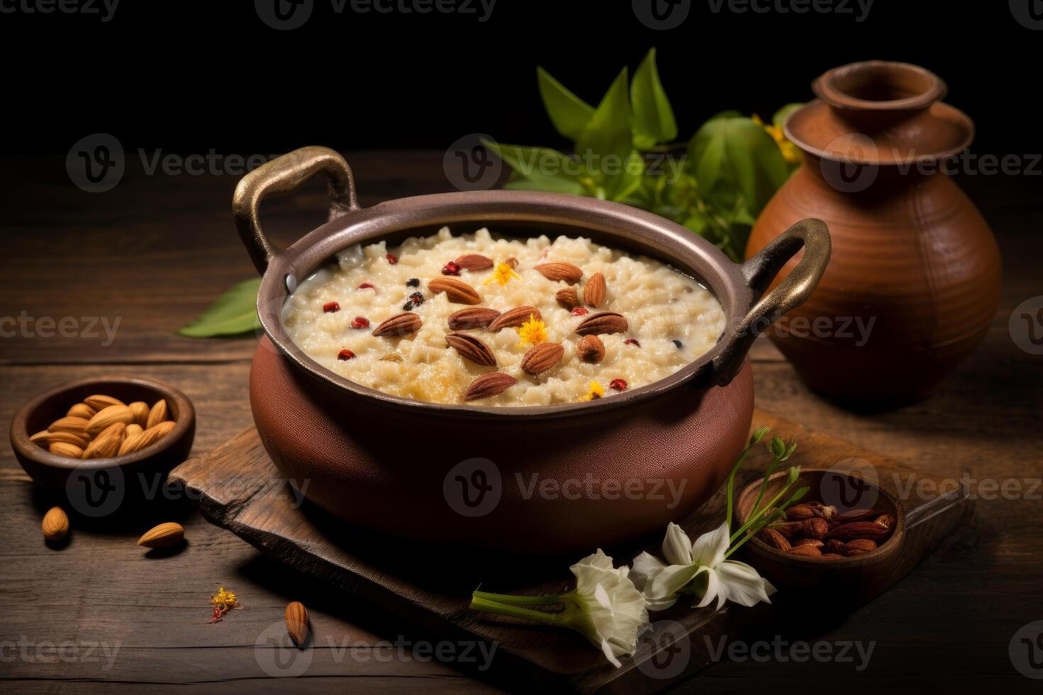 Delicious palada payasam decorated with almonds and spices in a traditional bronze pot photo
