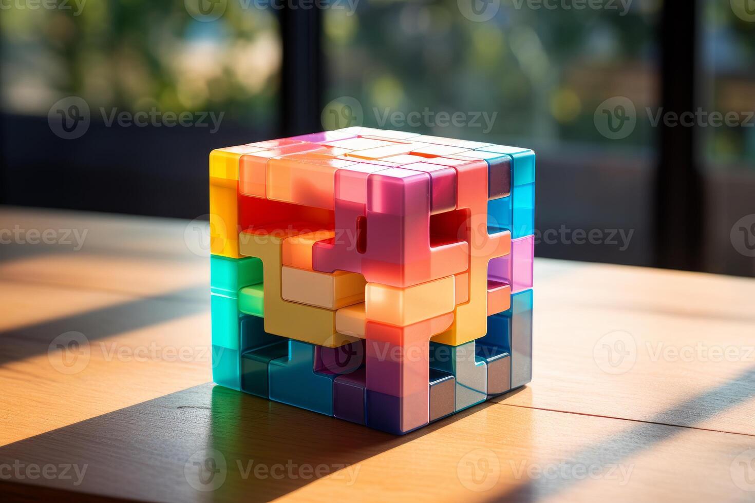 Colorful puzzle cube sitting on wooden table in sunlight photo