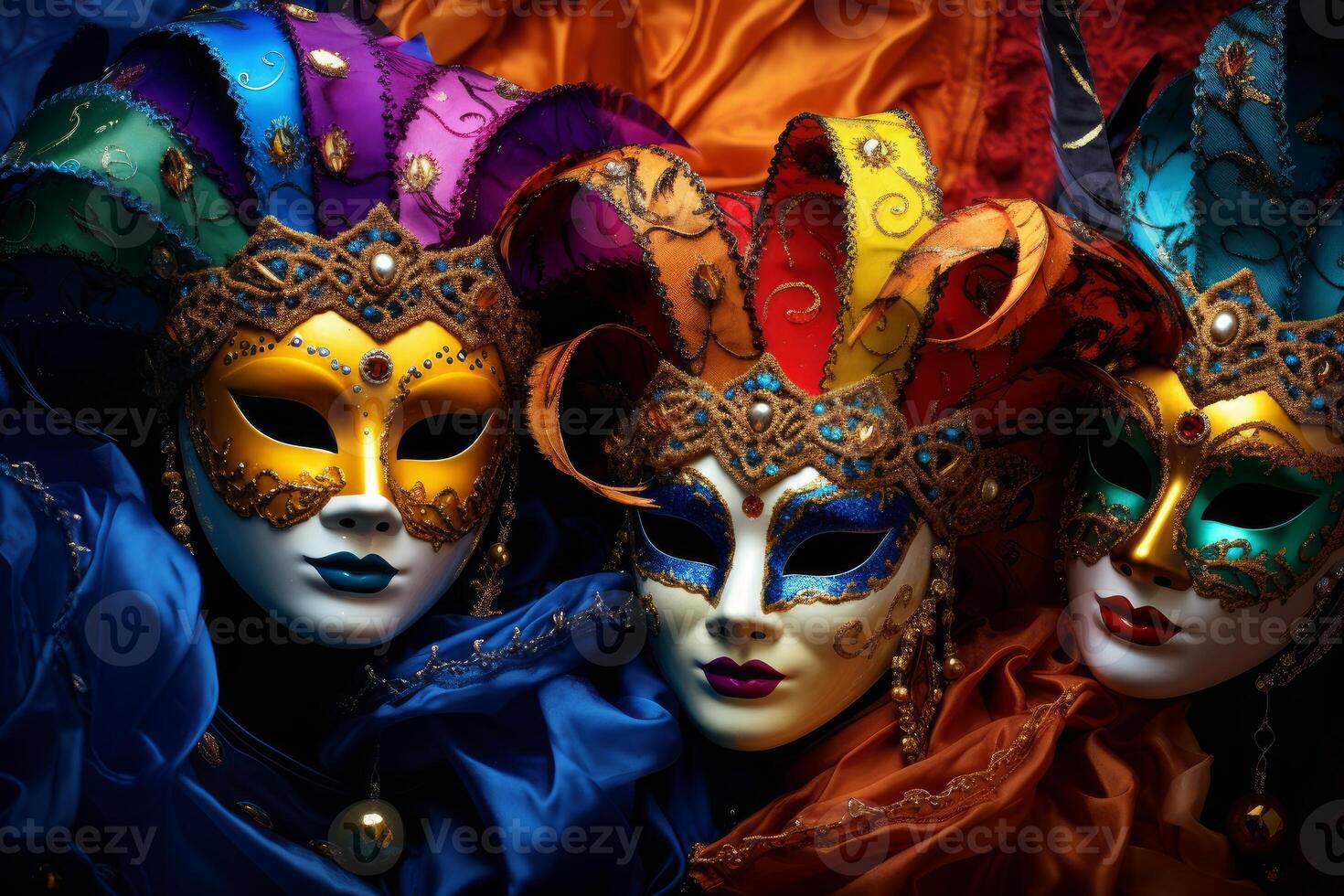 Colorful venetian carnival masks resting on luxurious fabrics photo