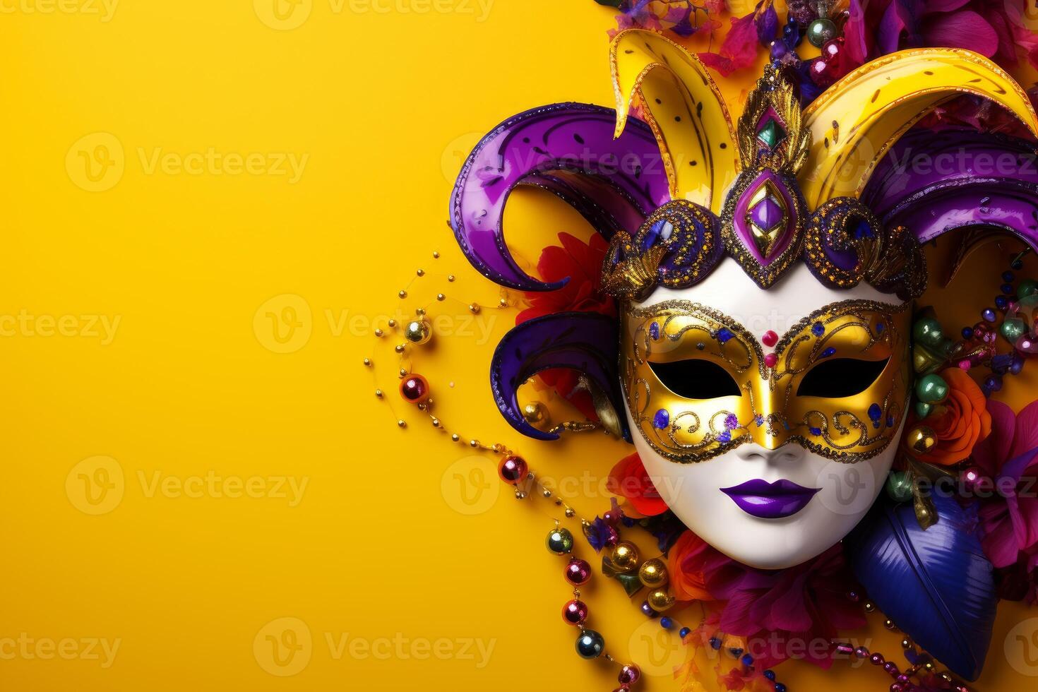 Mardi gras mask with colorful beads and feathers on vibrant yellow background photo