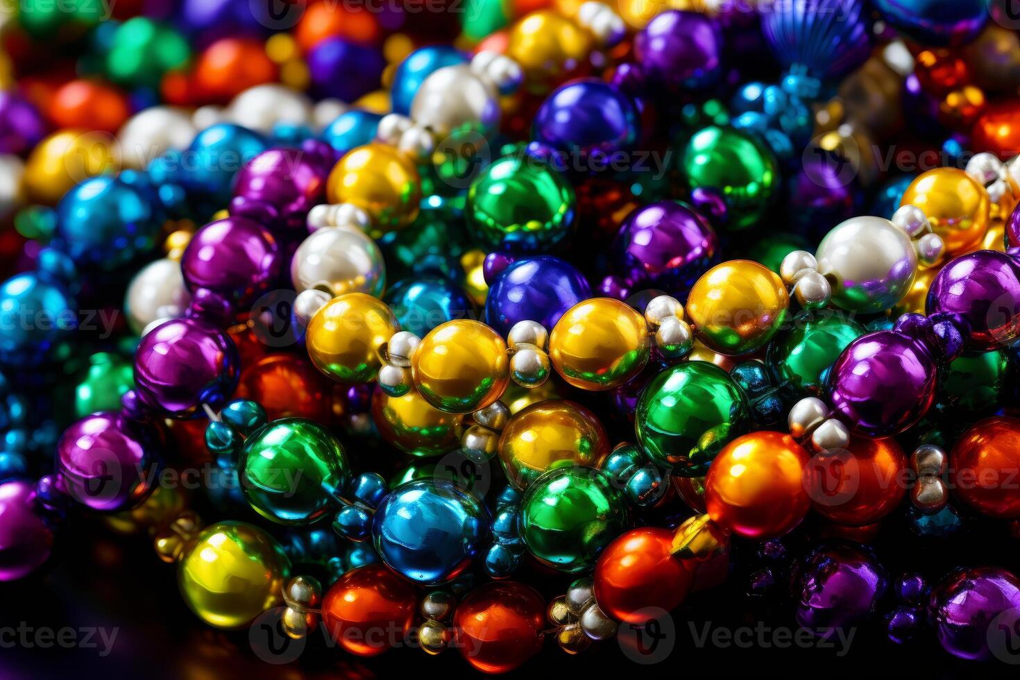 Colorful mardi gras beads reflecting festive celebration photo
