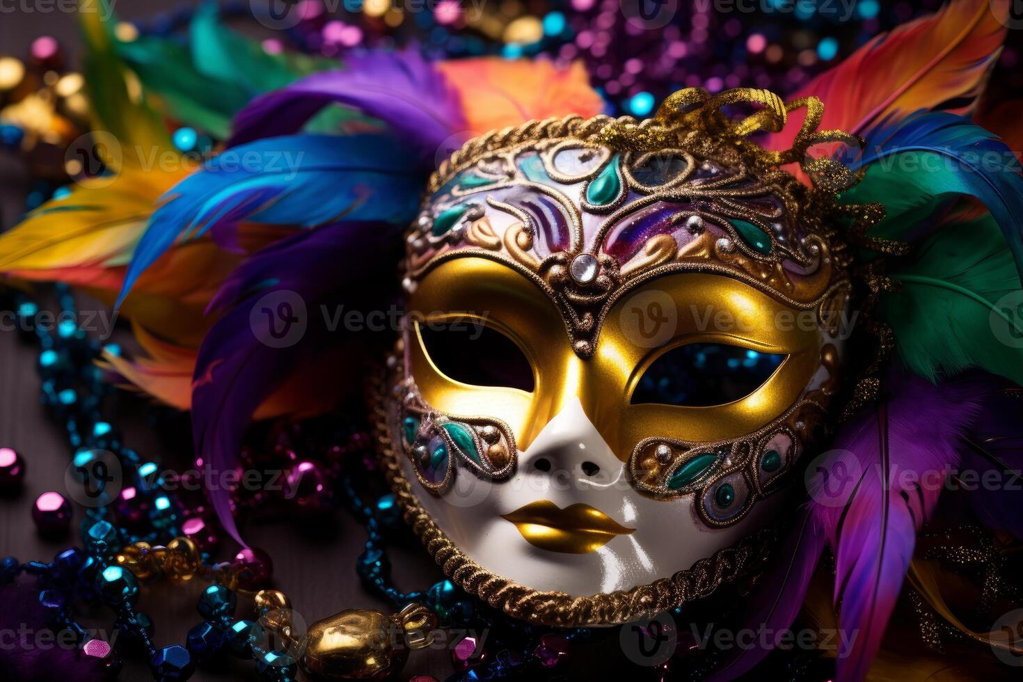 Colorful mardi gras mask with feathers and beads symbolizing festive celebration photo