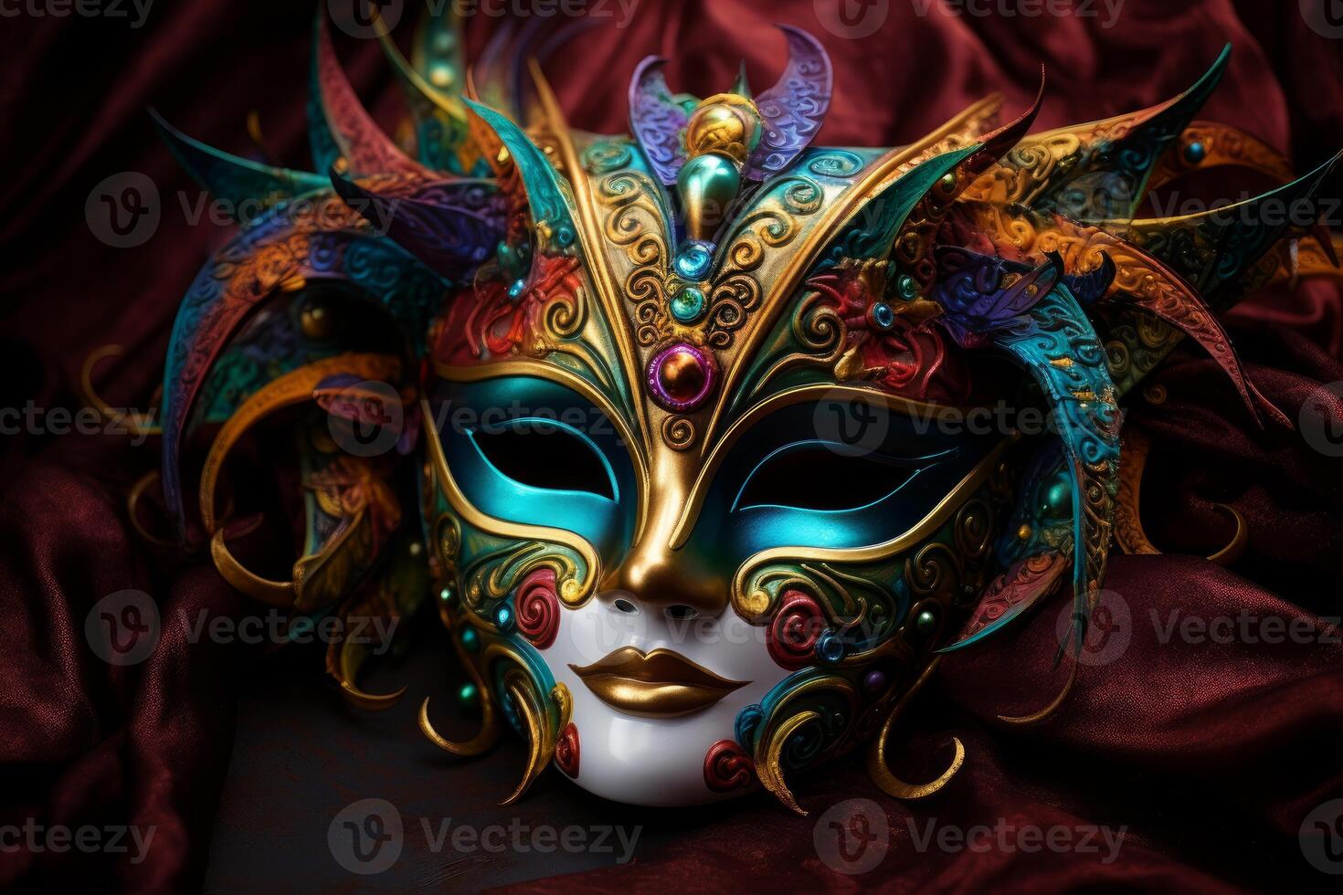 Colorful venetian carnival mask resting on red velvet fabric photo