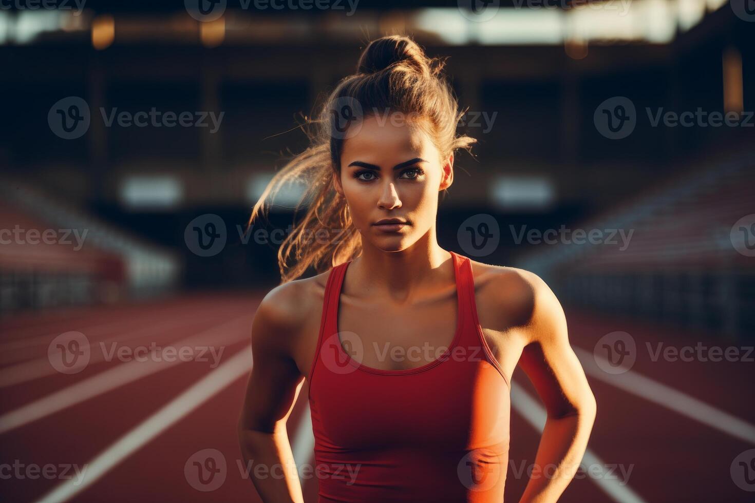 Young woman runner standing on racetrack in stadium photo