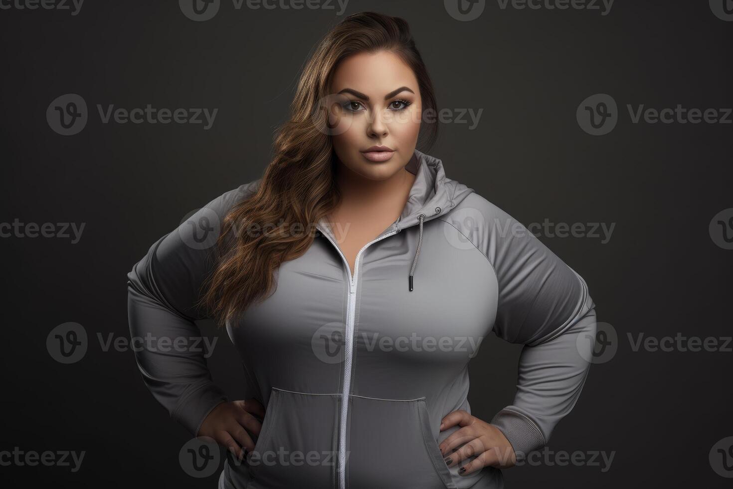 Plus size fashion model posing in gray hoodie with hands on hips photo