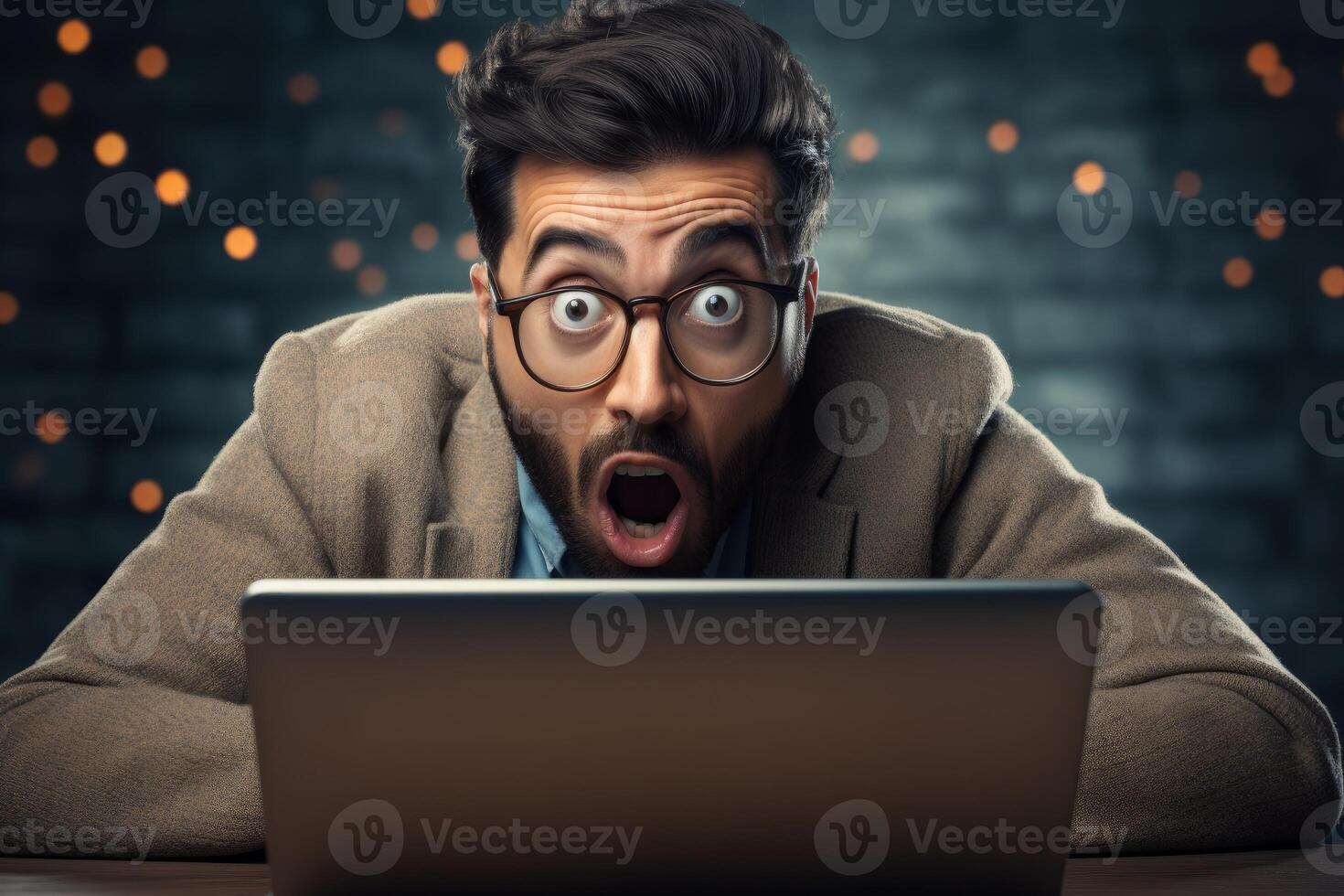 Shocked businessman looking at laptop with mouth open and eyes wide photo