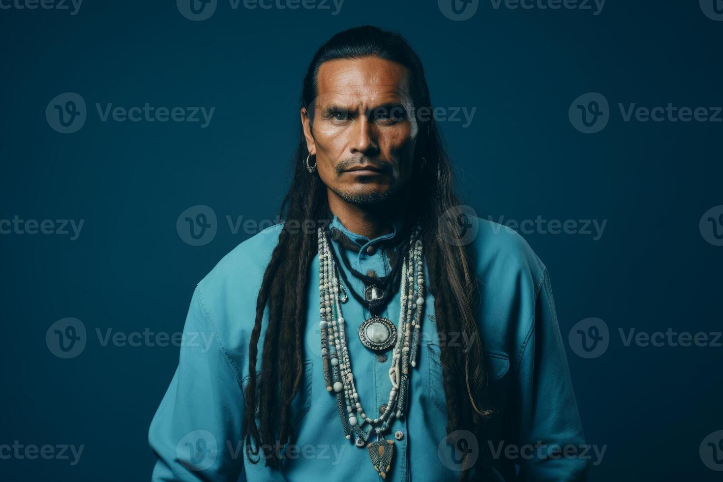 Indigenous man wearing traditional clothing and jewelry posing on blue background photo