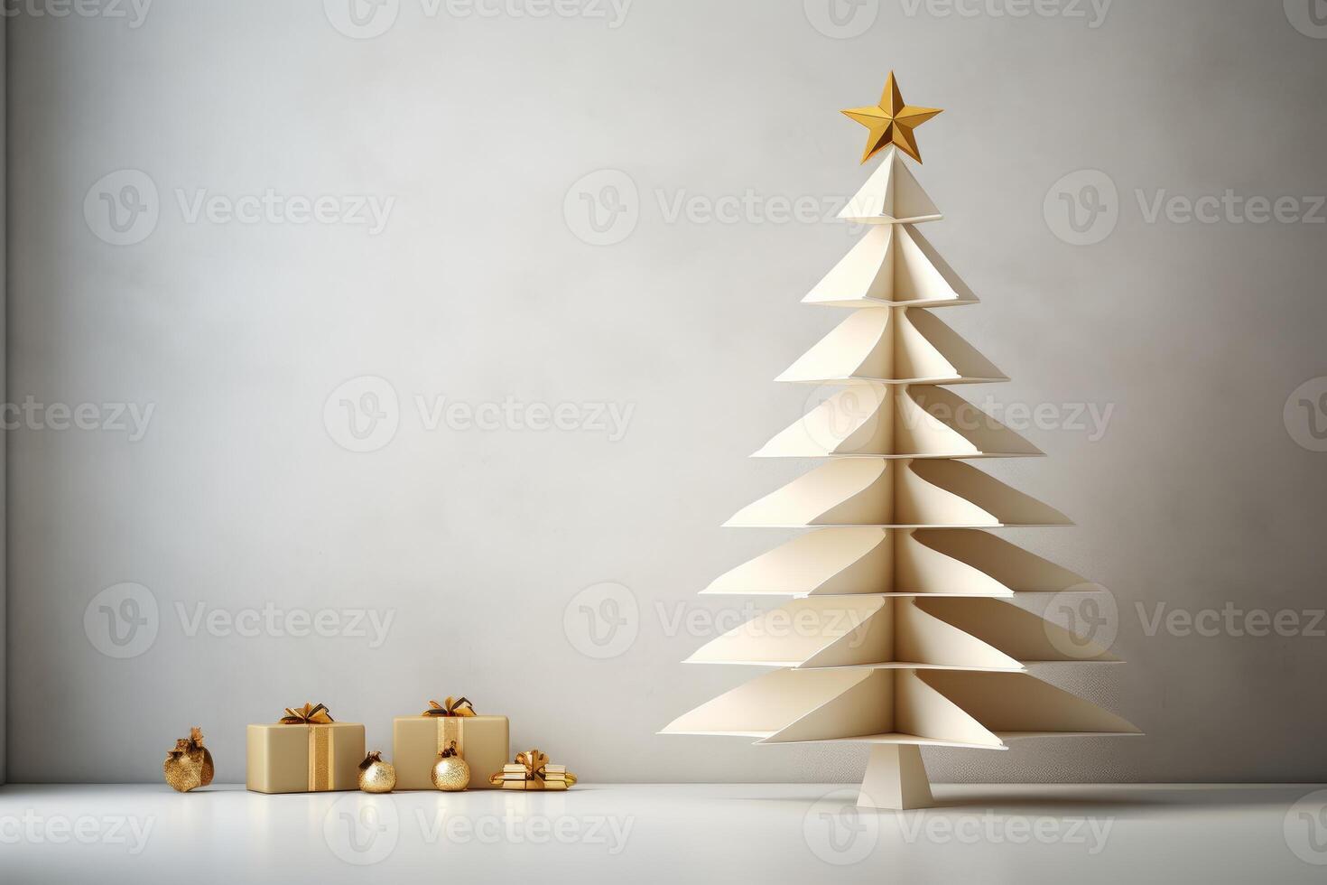 Minimalist christmas tree with golden decorations and gifts on white background photo