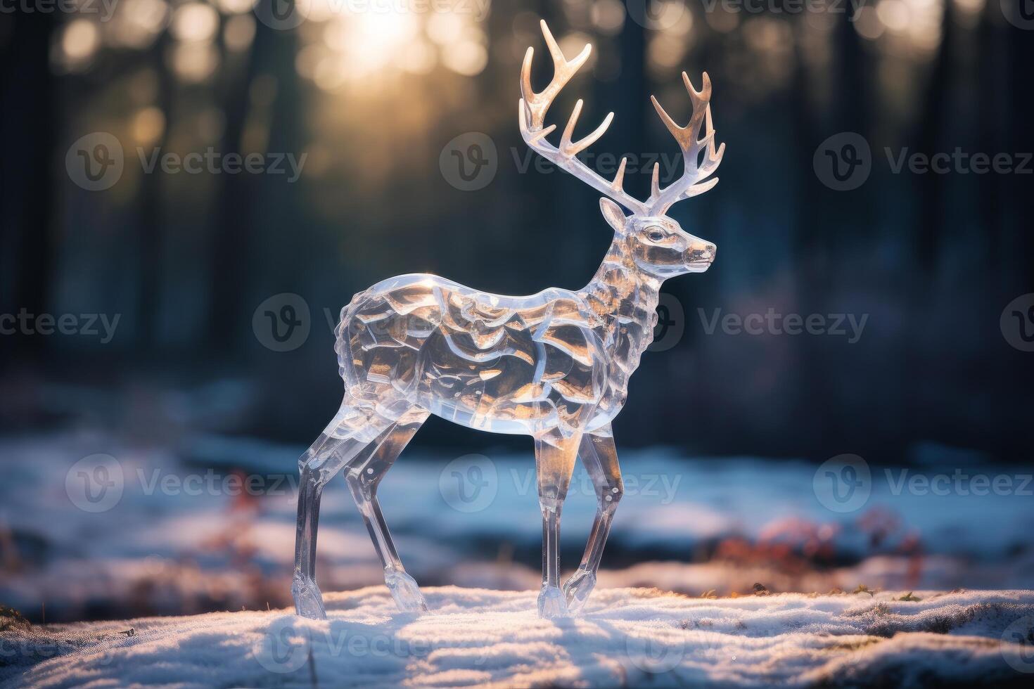 Transparent glass deer statue standing in snowy forest at sunset photo