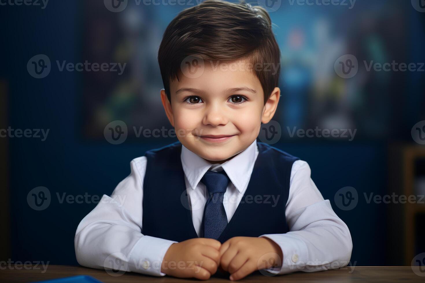Smiling young boy wearing a suit and tie is sitting at desk photo