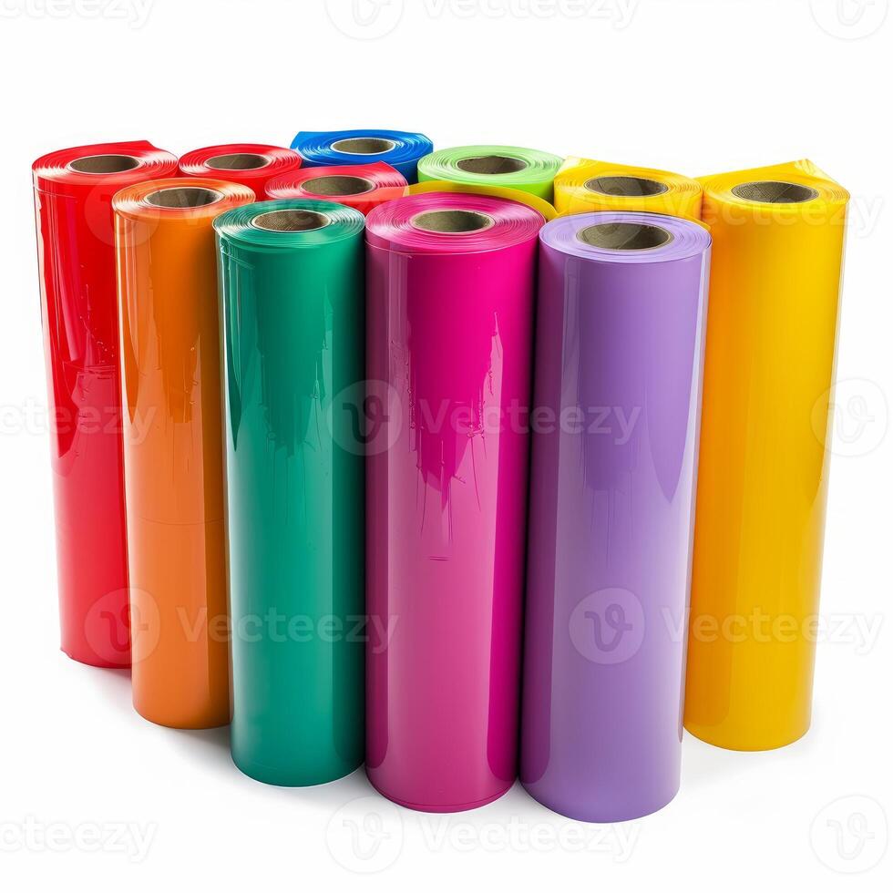 Colorful vinyl rolls standing on white background photo