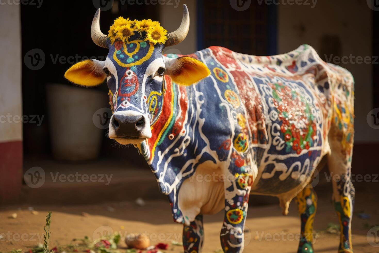 Decorated cow wearing flower crown during indian festival photo