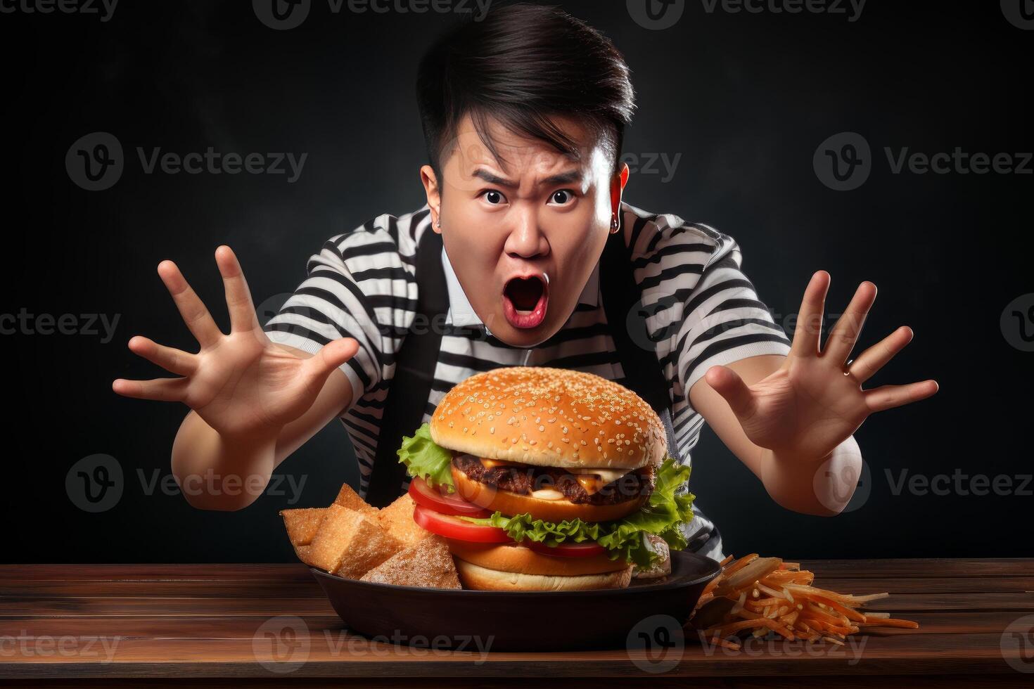 Cook protecting giant burger and fries on wooden table photo