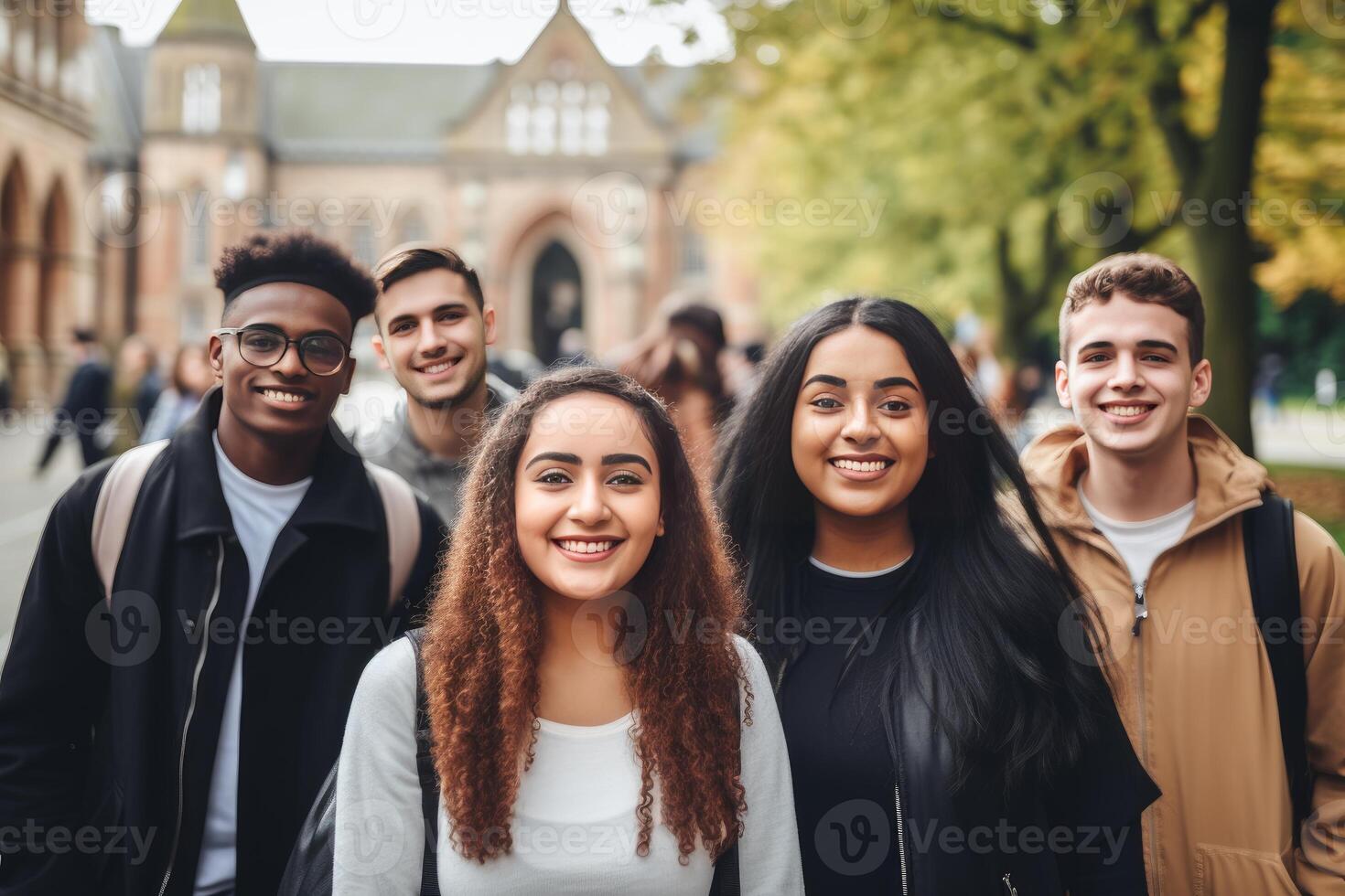Happy diverse university or college students smiling outdoors on campus photo