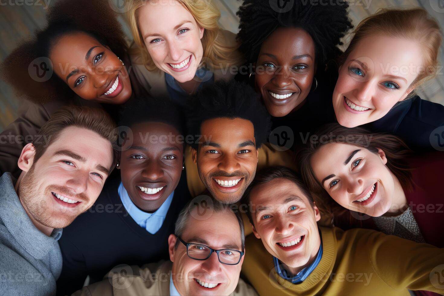 Diverse group of professionals smiling together in unity photo