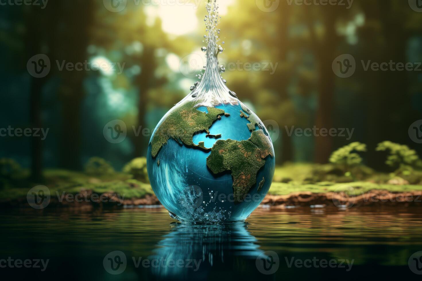 Water drop enveloping planet earth in lush forest setting, promoting environmental awareness photo