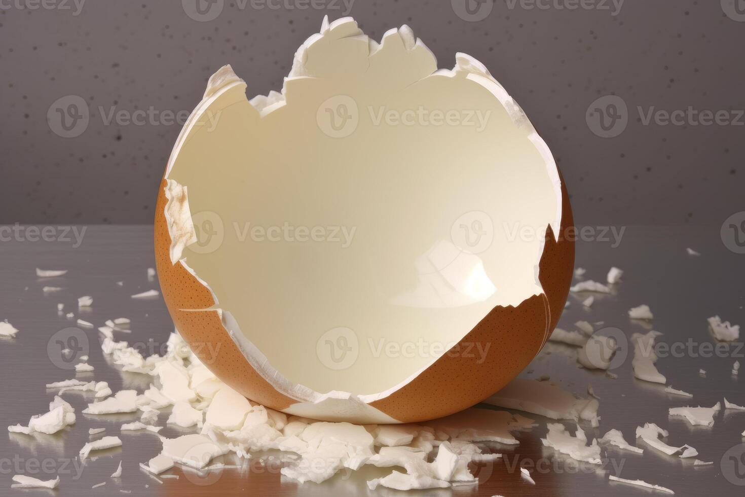 Broken eggshell with scattered pieces on metallic surface photo