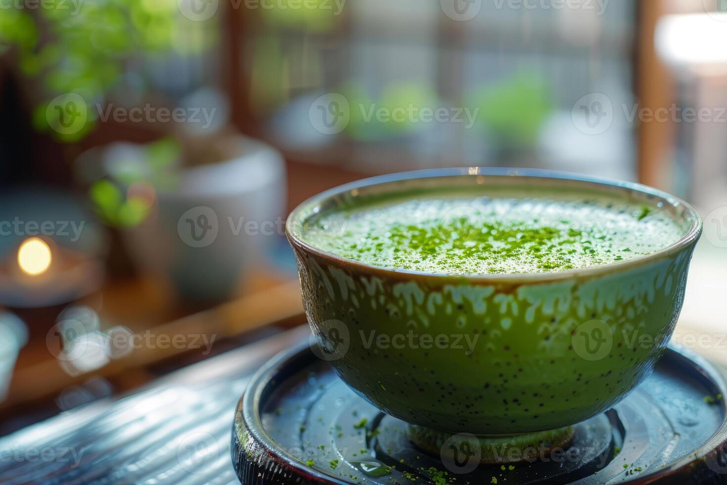 Steaming matcha latte in traditional japanese bowl elevates tea ceremony experience photo