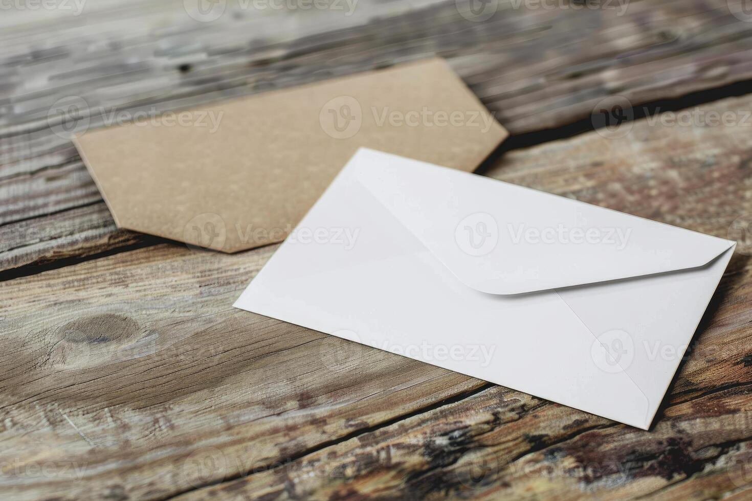 White and brown envelopes resting on rustic wooden table photo