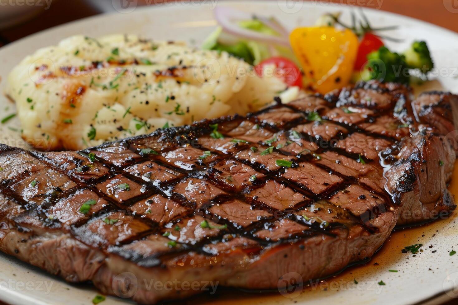Grilled steak with mashed potatoes and vegetables displaying culinary delights photo