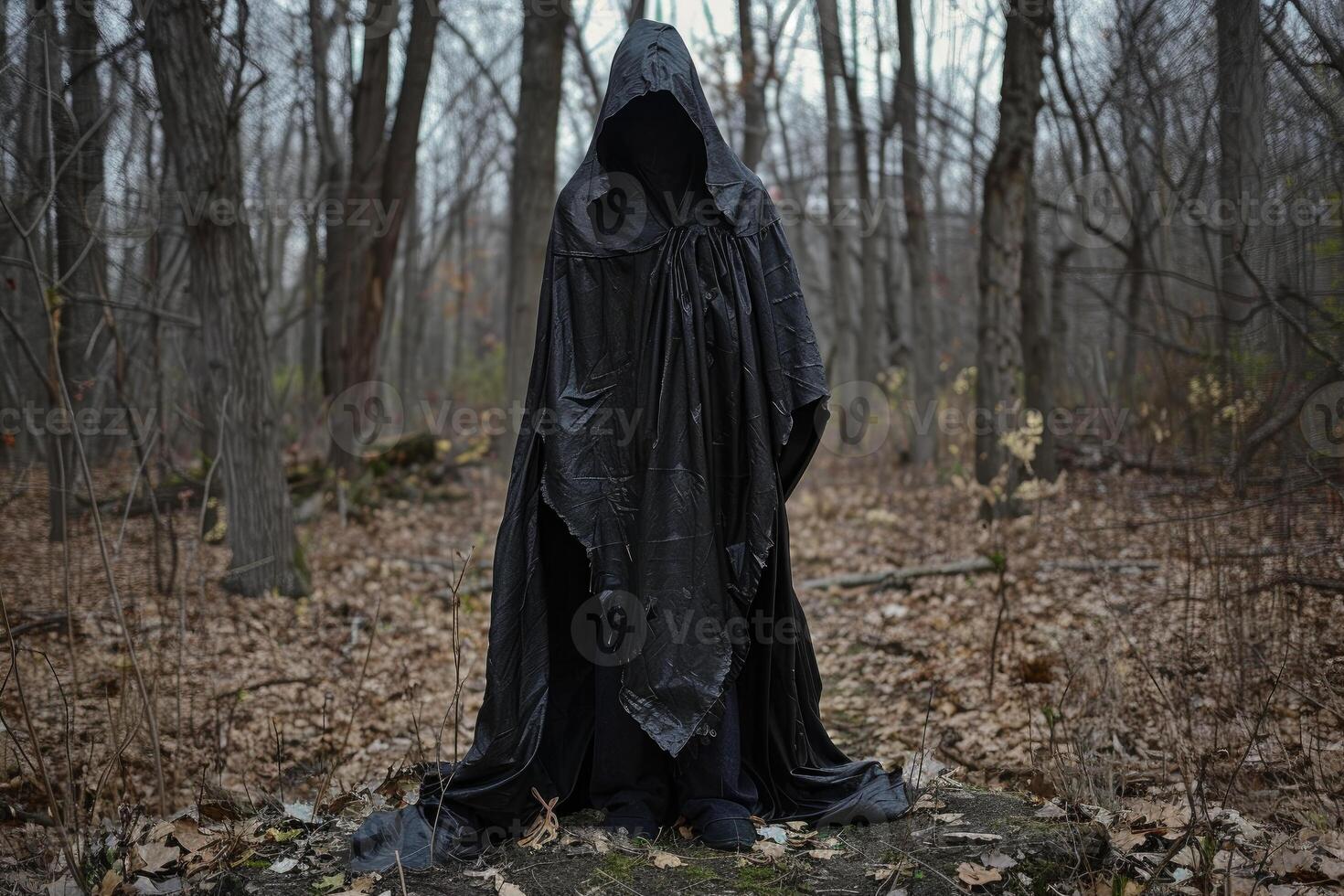 Mysterious figure wearing black cloak standing in forest photo