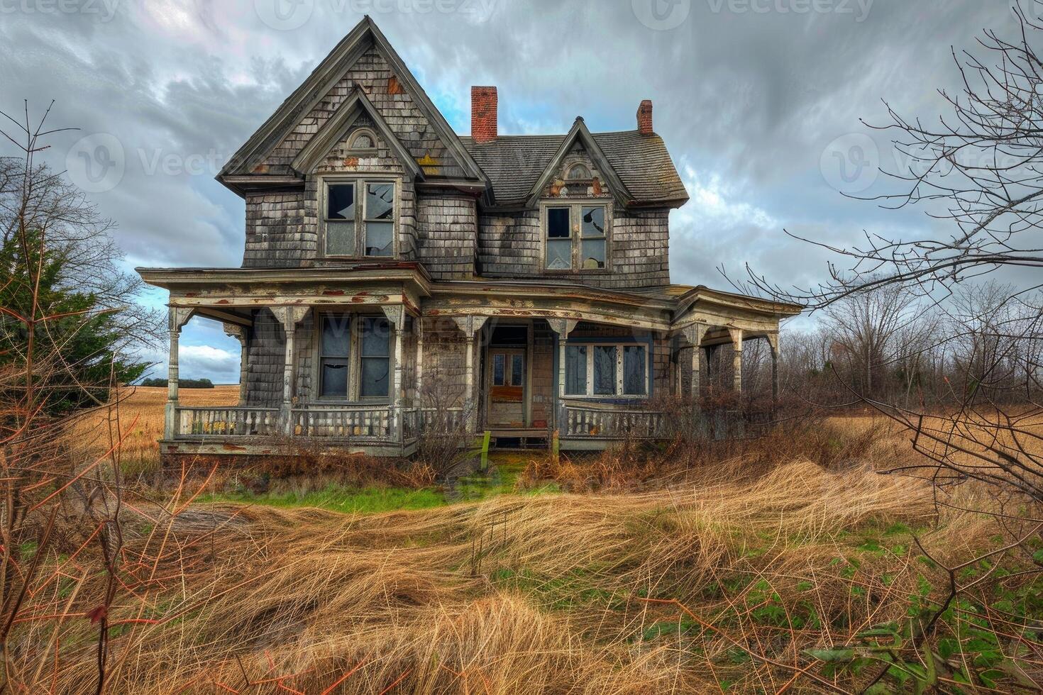 Abandoned house decaying in overgrown field under cloudy sky photo