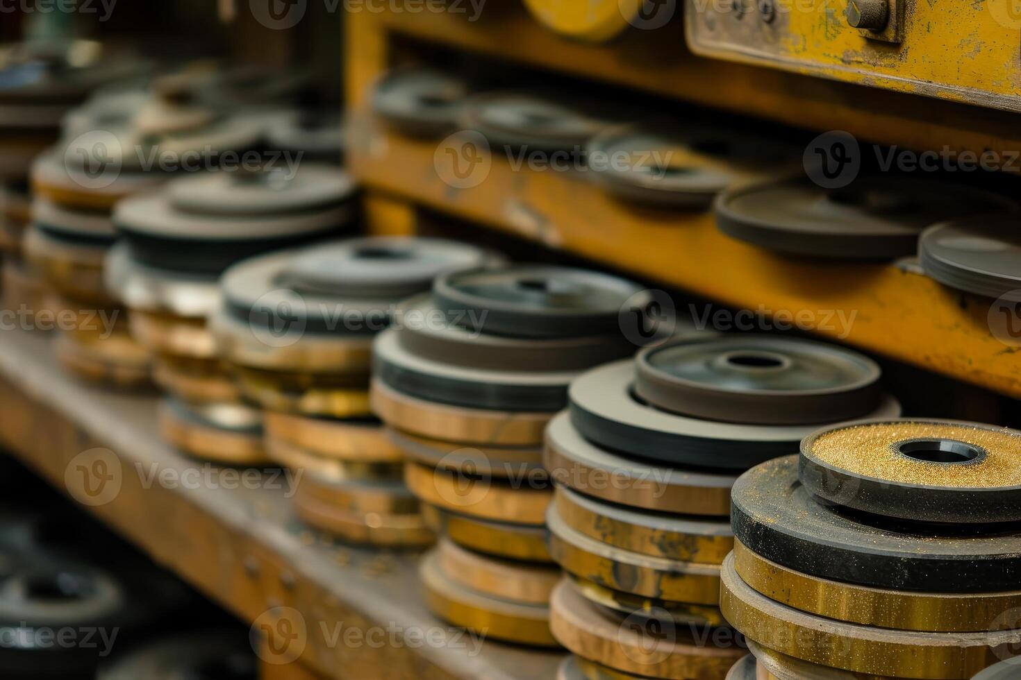 Grinding wheels sitting on shelf in workshop photo