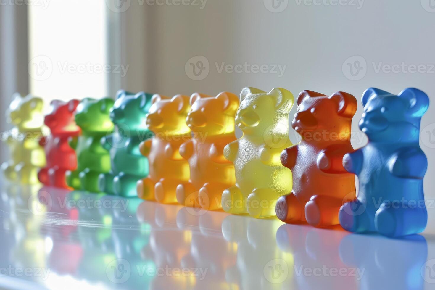 Colorful gummy bears forming a rainbow on reflective surface photo